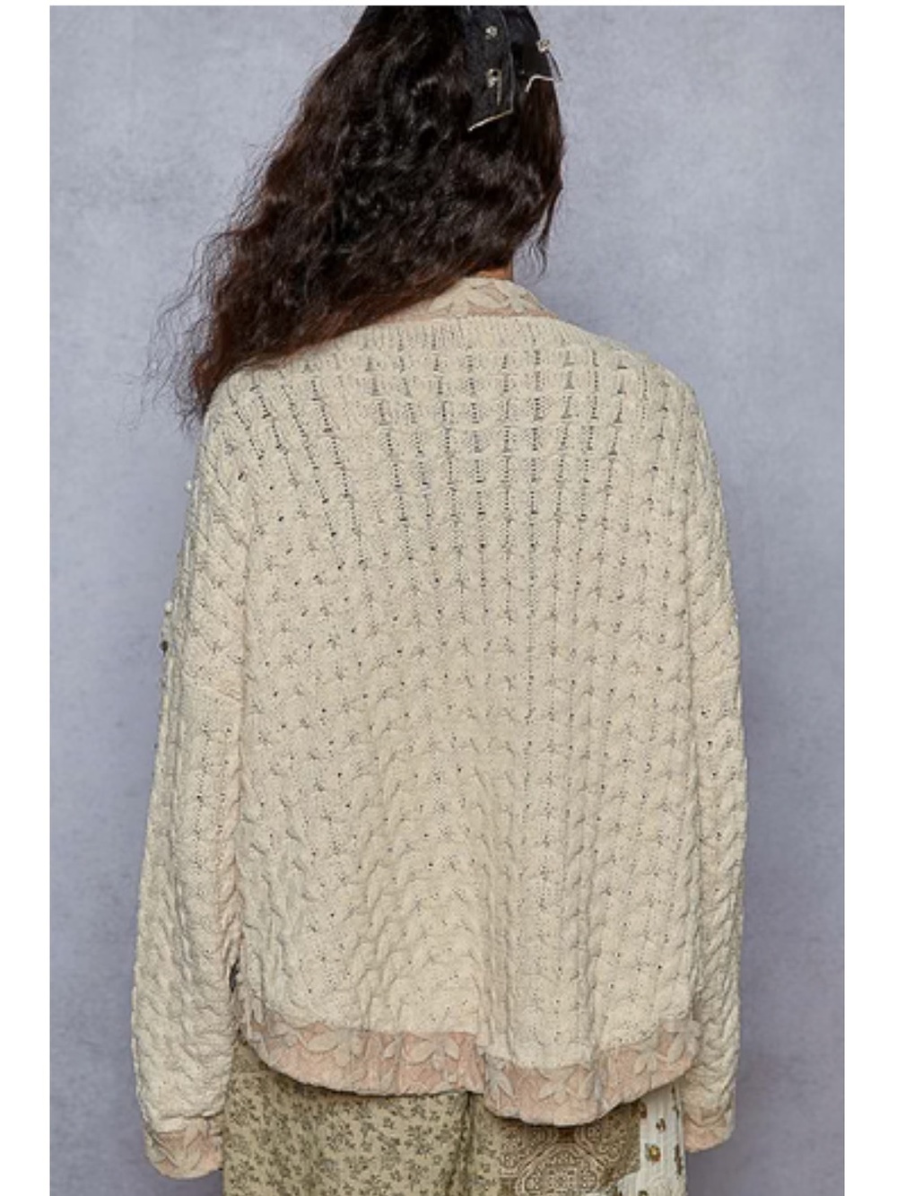 New: POL Boho Cream Beaded Chenille Crochet Knit Open-Front Lace Trim Cardigan•S - Picture 6 of 9